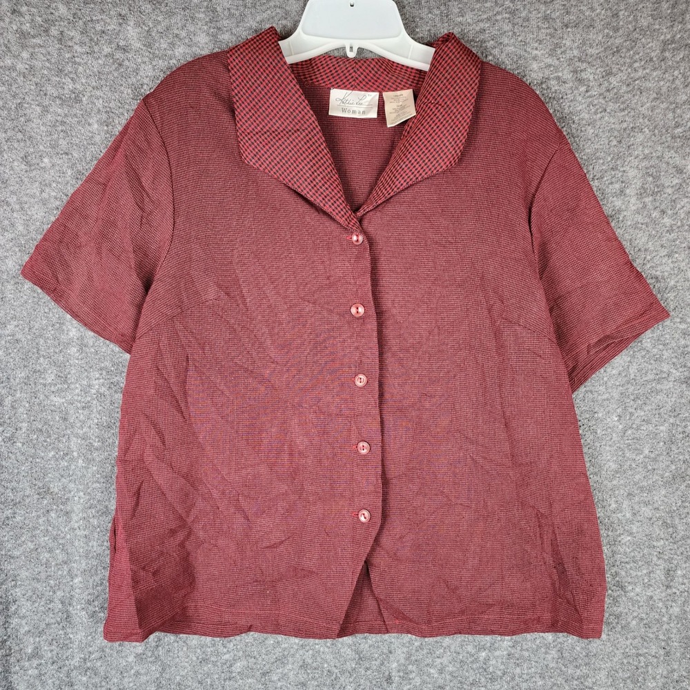 Kathie Lee Top Womens 14W 122603 Spanish Red Micro-Check Button-Down EUC